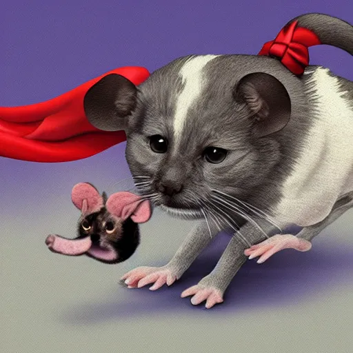 Prompt: A mouse disguised as a dog chasing a cat, digital art