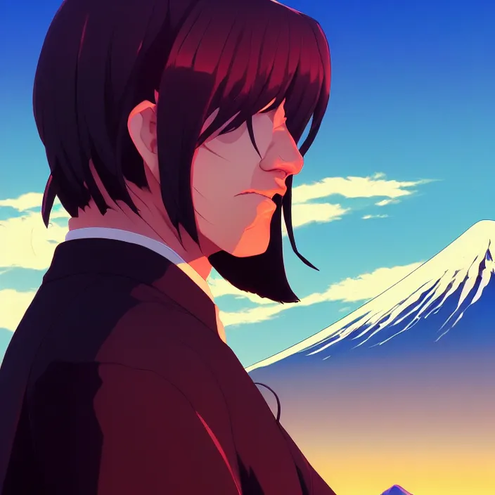 Image similar to portrait of the undertaker, mount fuji background, rich vivid colors, ambient lighting, dynamic lighting, 4 k, hq, official media, anime key visual, makoto shinkai, ilya kuvshinov, lois van baarle, rossdraws, detailed, trending on artstation