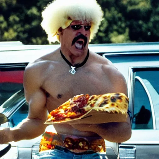 Image similar to hulk hogan eating pizza, riding a poodle