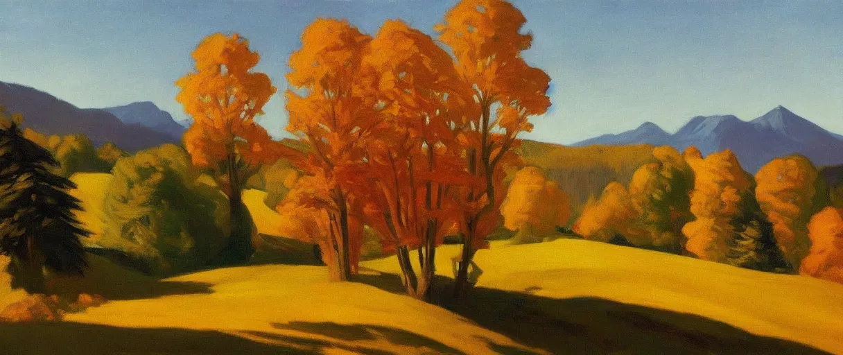 Image similar to an alpine landscape with a cottage, dense trees, fall, by edward hopper, new artstation artist,