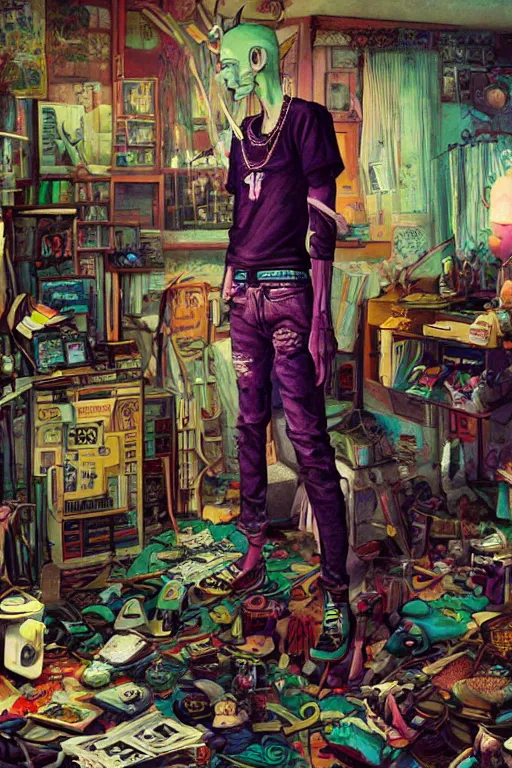 Prompt: a skinny goth guy standing in a cluttered 9 0 s bedroom, full body character concept art, vaporwave colors, andrew ferez art,