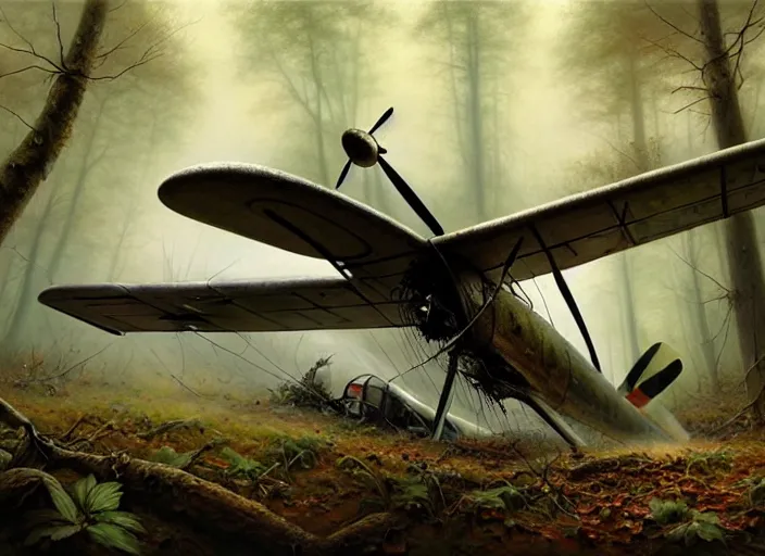 Image similar to a small german ww 2 crashed airplane shot down in the forest, crashed, burning, intricate, elegant, highly detailed, centered, digital painting, artstation, concept art, smooth, sharp focus, illustration, artgerm, tomasz alen kopera, peter mohrbacher, donato giancola, joseph christian leyendecker, wlop, boris vallejo