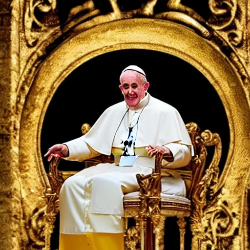 Image similar to photo of the Pope sitting on a golden toilet, 50mm, beautiful photo
