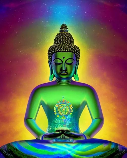 Prompt: the most beautiful star system, sky full of brightly coloured starts, inside of an expansive cave, green tara buddha with a crown of rainbow clouds, floating above a clear mirrored lake, coherent design, symmetrical, vivid color, complementary color, golden ratio, detailed, sharp lines, intricate, rainbowshift, by in unreal engine, nvidia, octane render