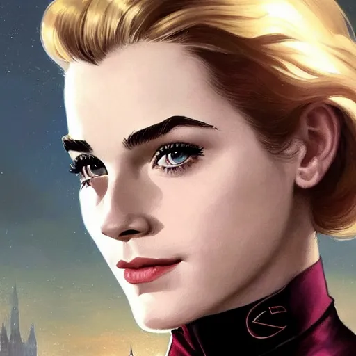 Prompt: A combination of Grace Kelly's and Emma Watson's and Katherine McNamara's faces as Super Girl, western, D&D, fantasy, intricate, elegant, highly detailed, digital painting, artstation, concept art, matte, sharp focus, illustration, art by Artgerm and Greg Rutkowski and Alphonse Mucha