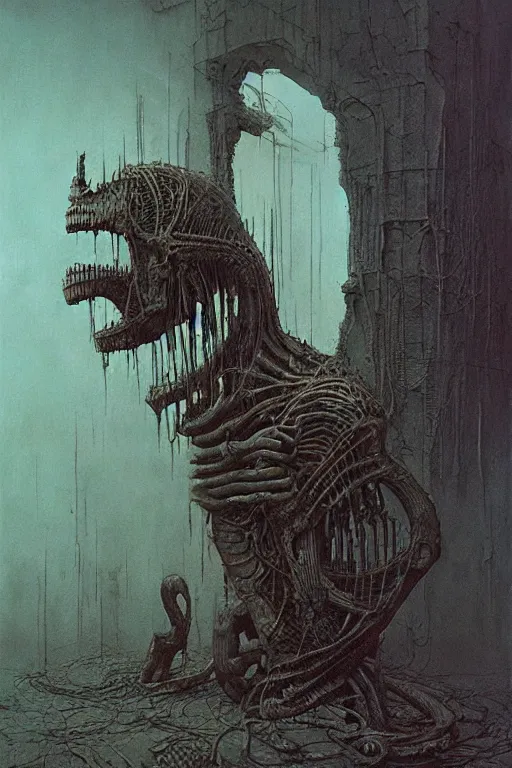 Image similar to eaten by giger, zdzisław beksinski, greg rutkowski, maxim verehin