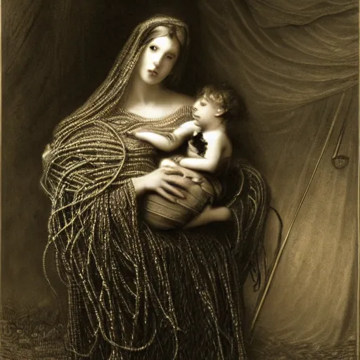 Prompt: a mother dressed as a knight and she has a baby in her arms style of gustave dore, eniac computer, lots of wires