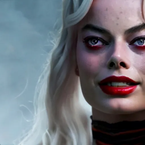 Prompt: Margot Robbie as real-life Jinx from Arcane, league of legends, cinematic, Wide-shot, atmospheric fog and lighting, directed by Michael Bay, extreme detail, 8K, movie still