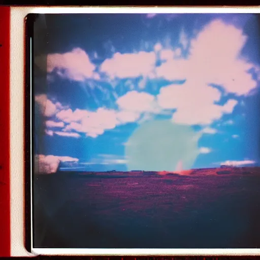 Image similar to vintage polaroid of an alien landscape, detailed clouds, planets visible in the sky, warm azure tones, red color bleed, film grain