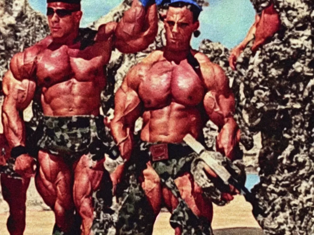 Image similar to vintage 90s VHS video still of a muscular soldier promoting Bagdad, retro TV, noise, hue