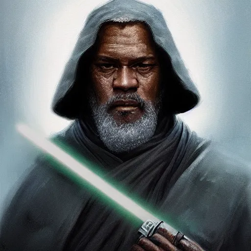 Image similar to portrait of a man by greg rutkowski, old jedi master, black, he looks like laurence fishbourne, star wars expanded universe, he is about 6 0 years old, wearing jedi robes, highly detailed portrait, digital painting, artstation, concept art, smooth, sharp foccus ilustration, artstation hq