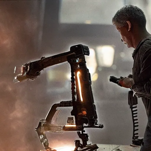 Image similar to gun made from old egg beater, balding older cyborg repairing, red hot soldering iron, dark messy smoke - filled cluttered workshop, dark, dramatic lighting, orange tint, cinematic, highly detailed, sci - fi, futuristic, movie still from blade runner