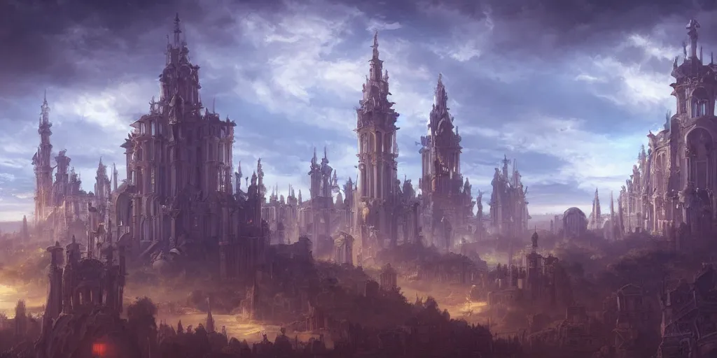 Image similar to a rococo palace in sky, with a gigantic futuristic church, clouds and towers, fortress, morning, andreas rocha, artstation, matte painting