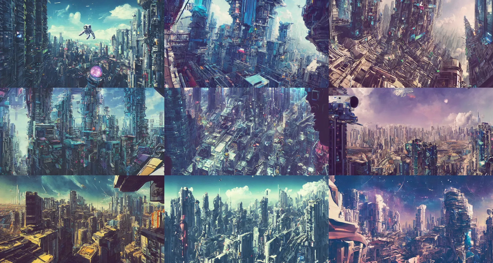 Prompt: a 35mm photo of an astronaut!! on a balcony overlooking! a dense cyberpunk!! city with wide!! interconnected!!! structures!! and tall towers!! reaching the clouds, concept art, matte painting, colorful accents, contrasting color scheme,