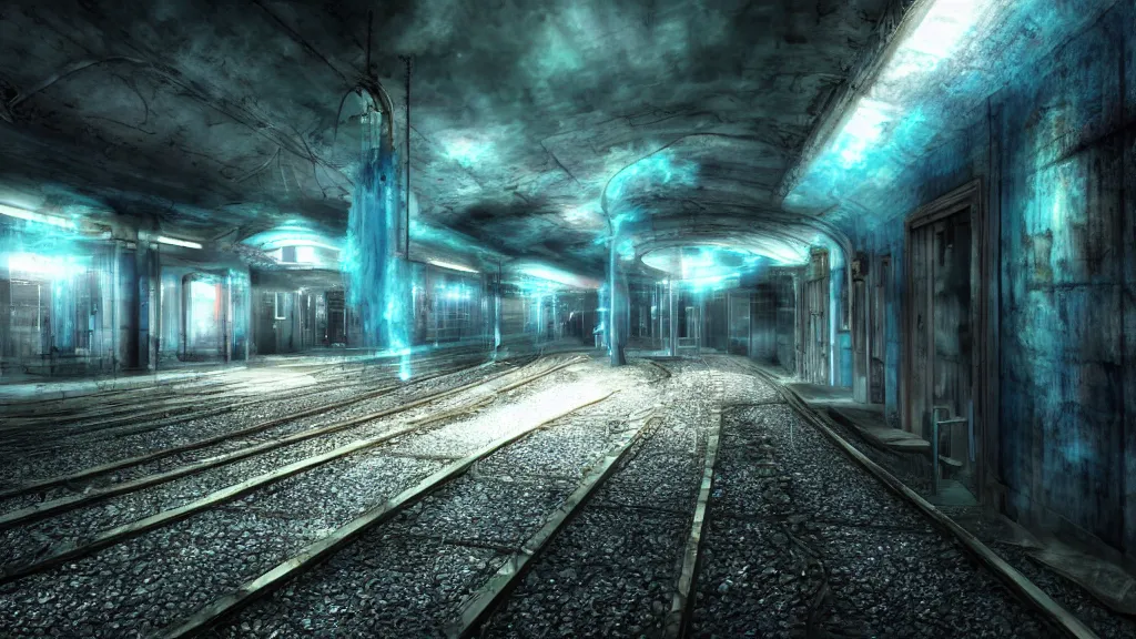Prompt: An abandoned underground train station covered in a blue pulsating alien substance, volumetric lighting, liminal space, haunting atmosphere, photorealistic, hyperdetailed 3D matte painting, hyperrealism, hyperrealistic, cinematic, silent hill, horror style 8k ultra HD octane render