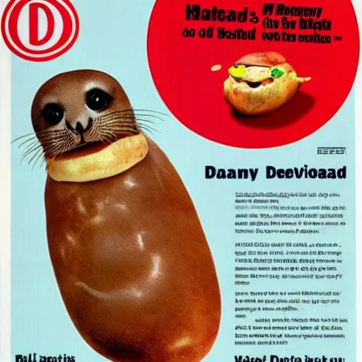 Image similar to 1990s McDonald's advertisement for a baby seal disguised as a loaded baked potato with Danny DeVito