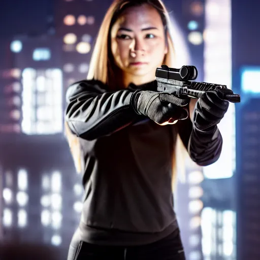 Image similar to photographic portrait of a techwear woman holding a Glock 18, closeup, on the rooftop of a futuristic city at night, sigma 85mm f/1.4, 4k, depth of field, high resolution, full color, two coherent arms