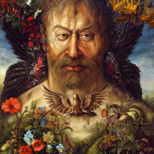 Image similar to an oil painting by giuseppe arcimboldo and ross tran of a rugged nature god with majestic angel wings standing in front of a beautiful cottage designed by thomas kincade