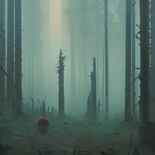 Prompt: simon stalenhag, bionicle, forest, foggy, horror