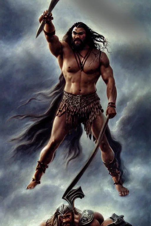 Image similar to beautiful portrait oil painting, jason momoa conan the barbarian thor standing on a hill made of skulls, wearing a warrior king crown and royal crimson fantasy ornate spartan dragon scale armor, wet skin and hair, muscular!!!, battle action pose, frank frazetta, boris vallejo, greg rutkowski, beautiful cinematic light, low angle, greg rutkowski, high contrast