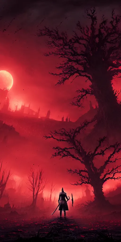 Image similar to abandoned bloodborne old valley with a person at the centre and a ruined city at the end, trees and stars in the background, falling red petals, epic red - orange moonlight, perfect lightning, illustration by niko delort and kentaro miura, 4 k, ultra realistic