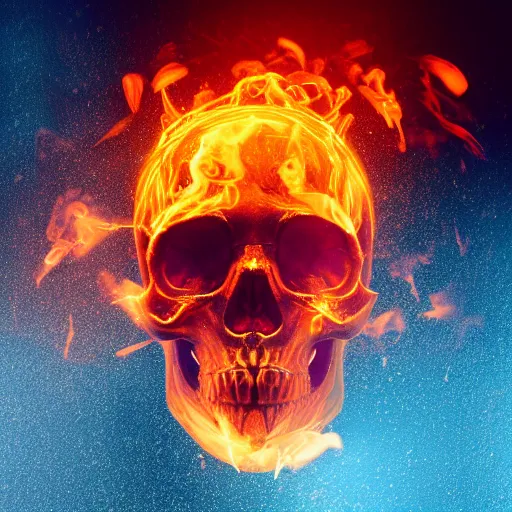 Image similar to a highly detailed human skull with intricate designs on fire in front of a glowing red background, 3 d, fire through eyes, octane render, symmetrical, hyper realism, highly detailed, digital art, artstation, concept art, cinematic lighting, strong bokeh, trending