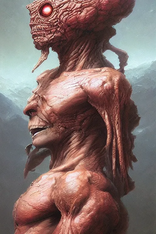 Prompt: beautiful clean oil painting of alienic warrior by wayne barlowe, greg rutkowski, rembrandt, detailed, stunning, realistic skin color