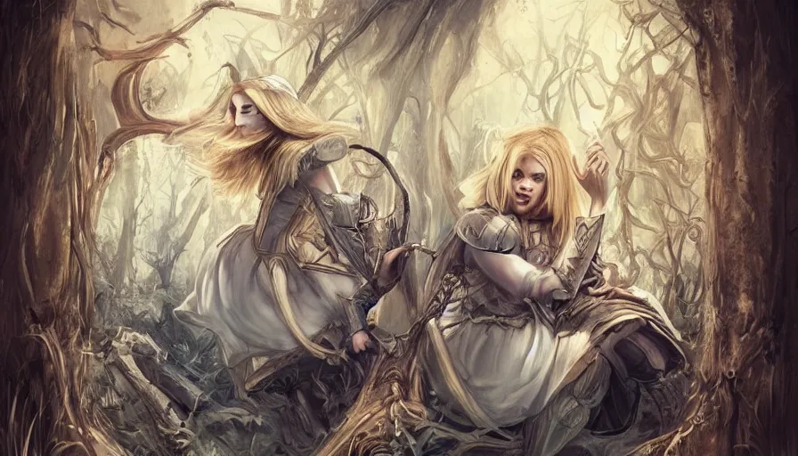 Image similar to Alice in wonderland in the aesthetic of Elden ring, blond Alice in armor,