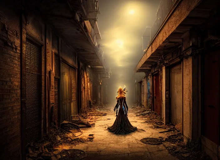 Image similar to photo of an alley of an abandoned city at night with a lone elven woman warrior sitting in the corner next to a closed door. Fantasy magic horror style. Highly detailed 8k. Intricate. Nikon d850 55mm. Award winning photography.