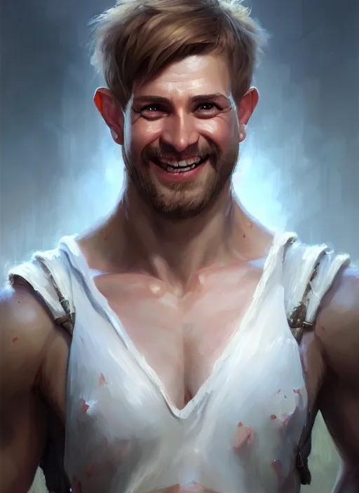 Image similar to a _ fantasy _ style _ portrait _ painting _ of white male short fringe light brown hair short face grinning, rpg dnd oil _ painting _ unreal _ 5 _ daz. _ rpg _ portrait _ extremely _ detailed _ artgerm _ greg _ rutkowski _ greg