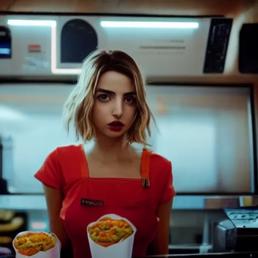 Prompt: ana de armas portrait working in a fast food restaurant, in a cinematic cyberpunk style, 3 5 mm