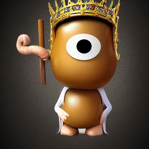 Prompt: a cartoon style bean with eyes and a mouth, holding a staff, wearing kings crown, cartoon, art, cartoon realism,