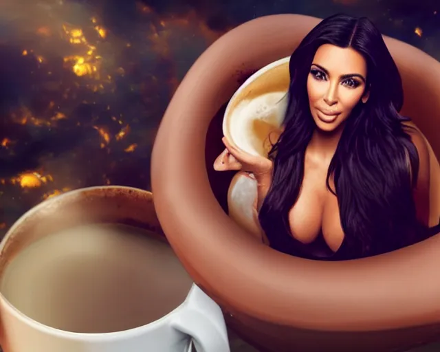 Prompt: Kim Kardashian coming out from a giant cup of coffee, cinematic, highly detailed, HD, 4K, professional image, professional lighting