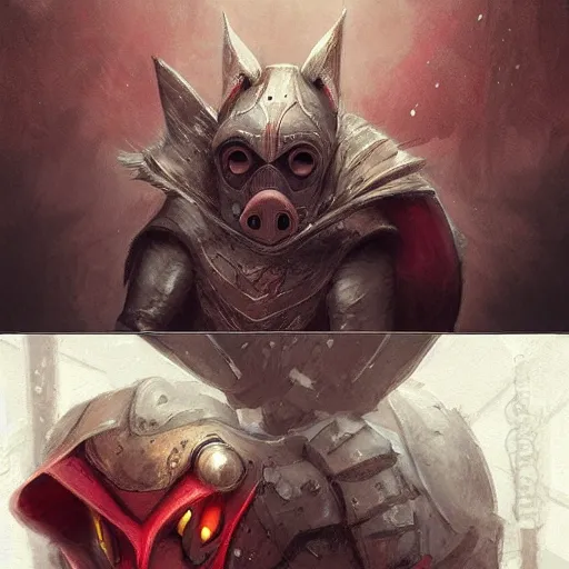 Image similar to Anthropomorphic Pig in a red hood by rossdraws,greg rutkowski,and Sarah Andersen,ambient style, very detailed,detailed armor,detailed helmet