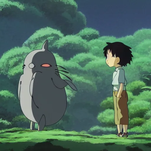 Image similar to kind guy and small friendly creature looking at each other, made by Studio Ghibli detailed art, beautiful scene, , sharp focus, smooth,