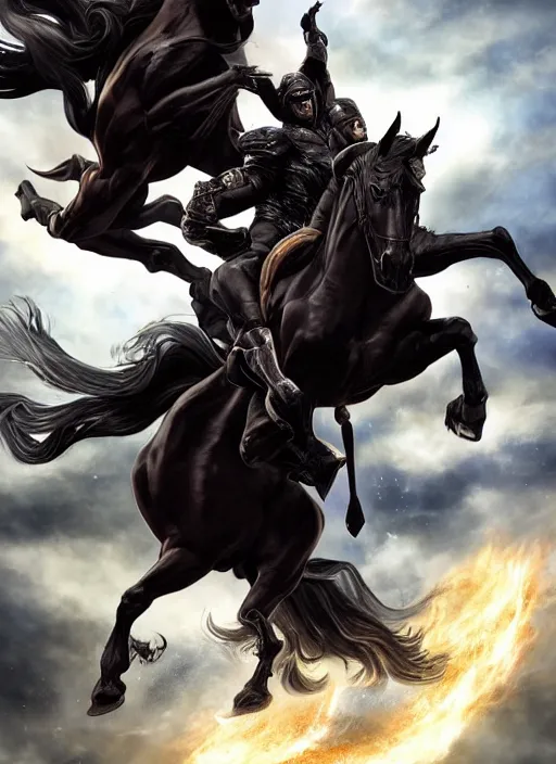 Prompt: the first horseman of the apocalypse riding a strong big black stallion, horse is running, the rider is carrying the scales of justice, artwork by artgerm and rutkowski, breathtaking, dramatic, full view