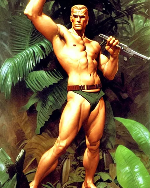 Prompt: doc savage in the jungle, fantasy character portrait, ultra realistic, concept art, intricate details, highly detailed by william adolphe bouguereau james bama, and frank frazetta