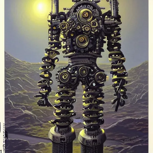 Image similar to a highly detailed retro futuristic robot with gears and other mechanical parts made out of pasta going for a walk outside, painting by Jim Burns