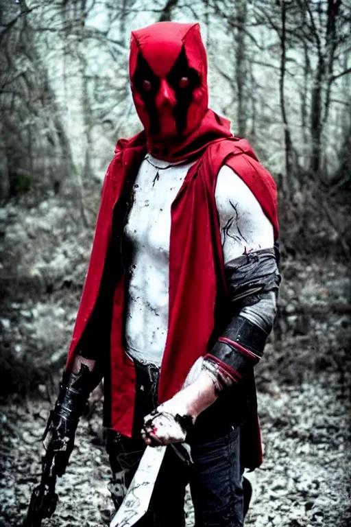 Image similar to red hood cosplay, creepy, disturbing, bloody, darkness, grainy