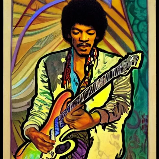 Image similar to Jimy Hendrix playing electric guitar by Alfons Mucha, masterpiece