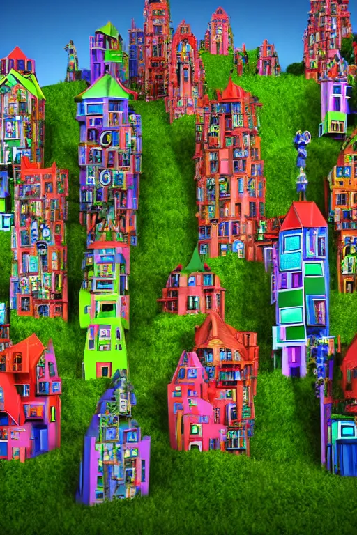 Prompt: 3 d render of fantasy building seen from a distance, on a grass lawn, surrounded by colorful statues, scale model of a building, film prop, architecture concept, hundertwasser
