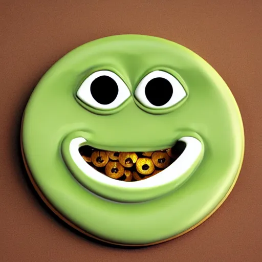 Prompt: luckys calls crypto logo golden cookie with big eyes, licking itself, big tongue, funny character from pixar, detailed 3d render, rim light