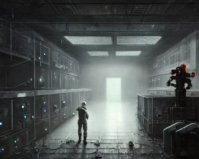 Image similar to gloomy ruined server room in datacenter robot figure automata rusty steel robot knight colossus welder posing pacing fixing soldering mono sharp focus, emitting diodes, smoke, artillery, sparks, racks, system unit, motherboard, by pascal blanche rutkowski repin artstation hyperrealism painting concept art of detailed character design matte painting, 4 k resolution blade runner