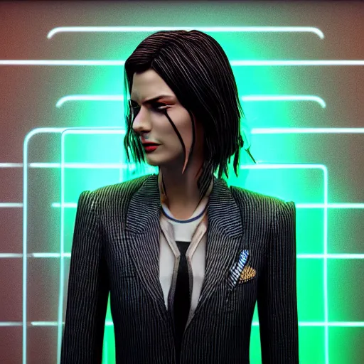 Image similar to stylish woman cartoon portrait made out of rain, pinstripe suit, cyberpunk background, rendered in octane, unreal engine, highly detailed, trending on artstation, realistic, neon, beautiful