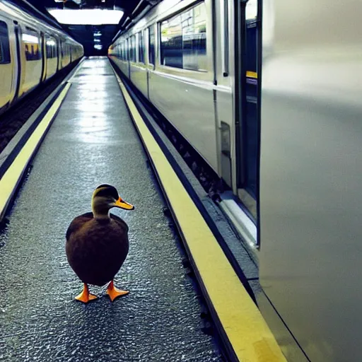 Image similar to A duck going home from work by train