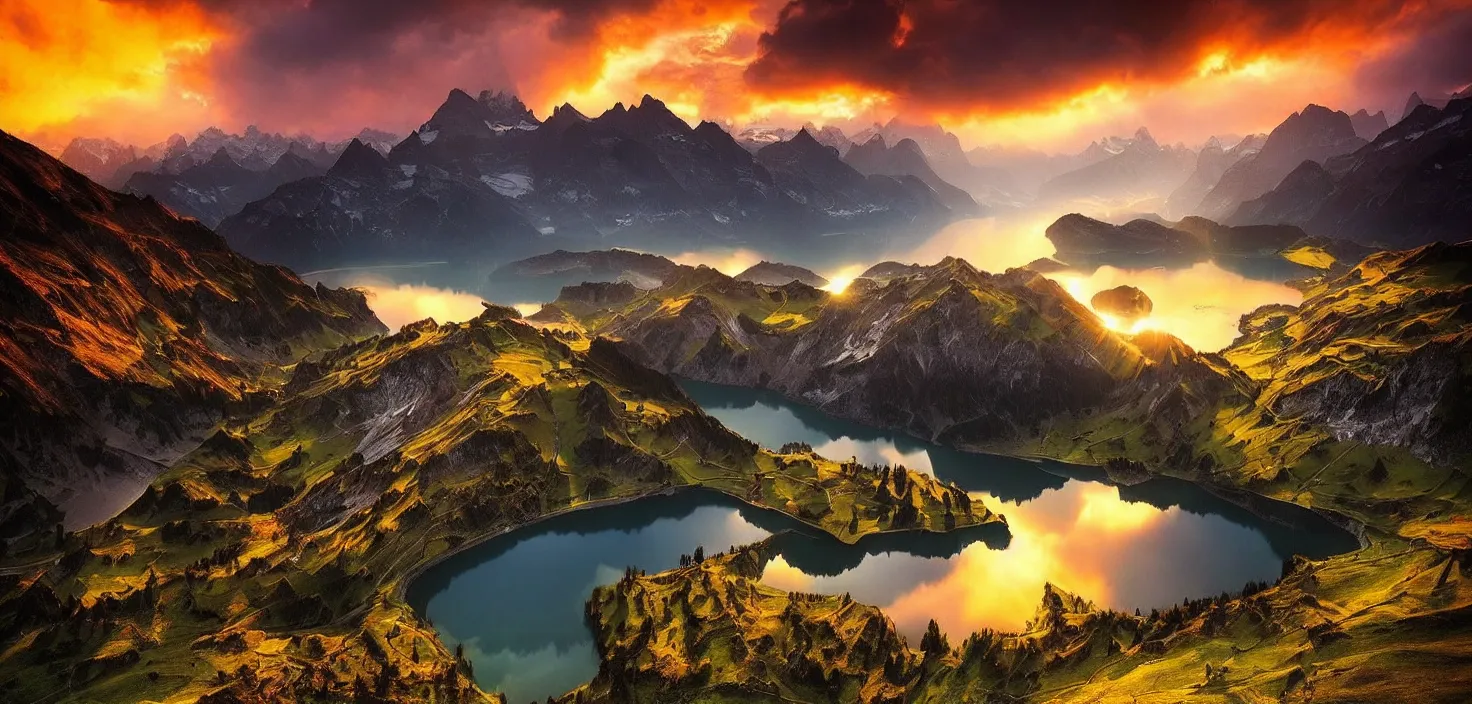 Image similar to amazing landscape photo of switzerland with lake in sunset by marc adamus, beautiful dramatic lighting