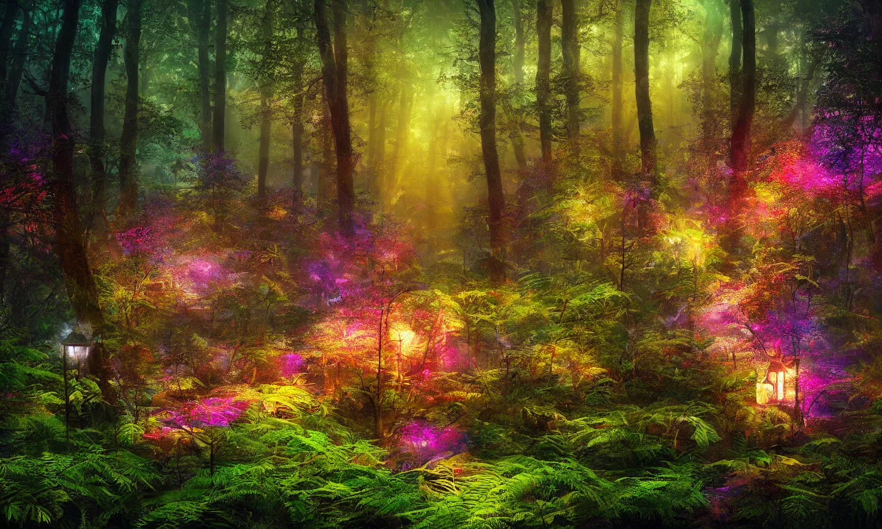 Prompt: photograph of a dense mystic forest, colored flowers, mystic hues, breathtaking lights shining, psychedelic fern, tyndall effect, lantern fly, dense forest, foggy, 4k, Acid Pixie, by thomas kinkade