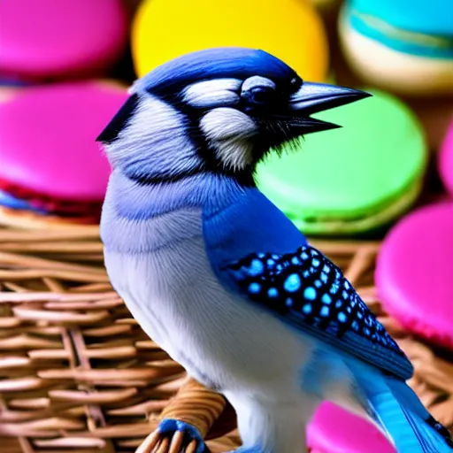 Prompt: photo of a blue jay standing on a large basket of rainbow macarons