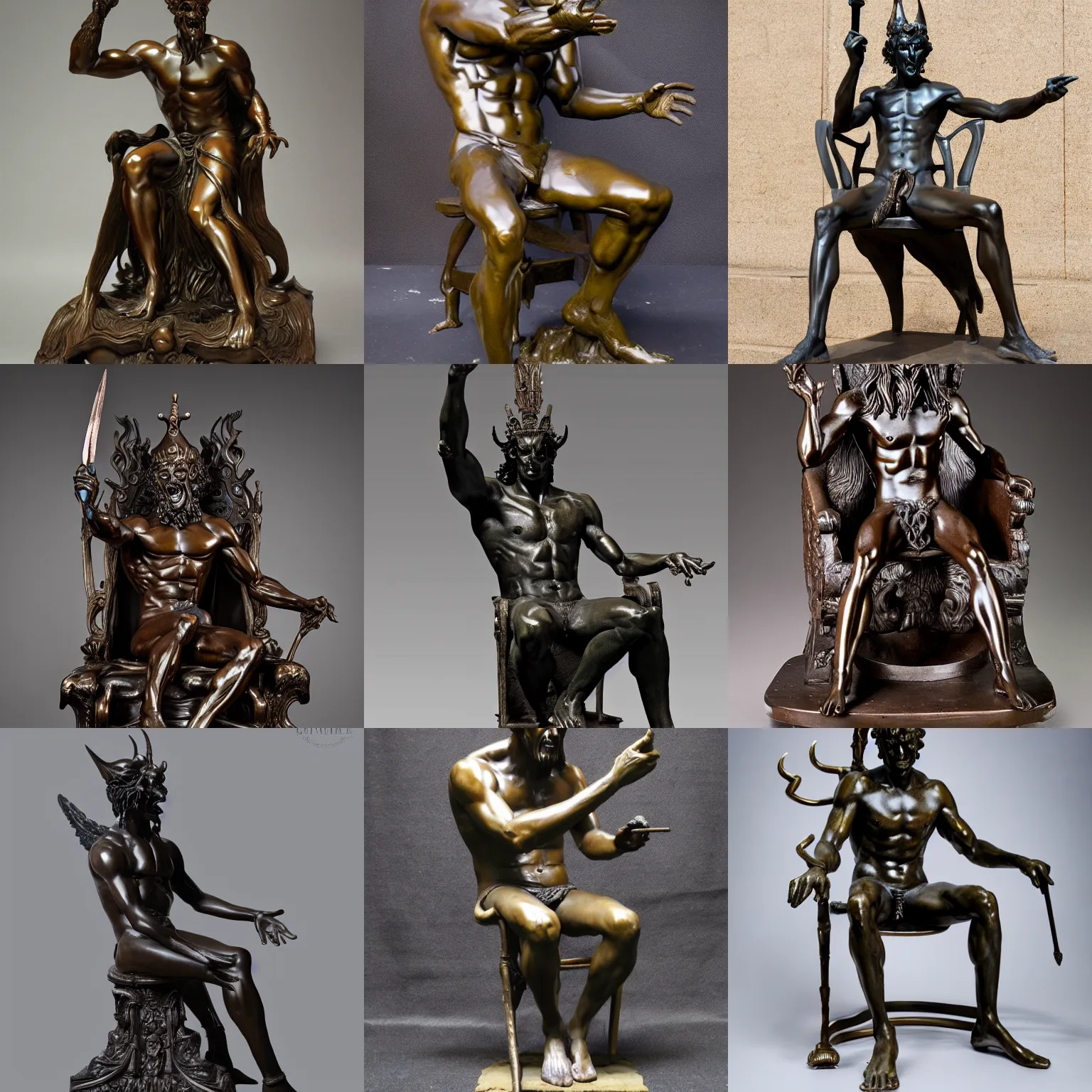 Prompt: full body bronze sculpture of hades, the king of hell, neo - classical style, very detailed, sitting on a throne, sharp facial features, professional photography, imposing and dominating