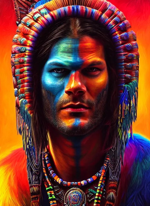 Image similar to portrait of jared padalecki, hyper detailed ultra sharp aztec shaman warrior. trending on artstation, warpaint aesthetic, bloodwave, colorful, psychedelic, ornate, intricate, digital painting, concept art, smooth, sharp focus, illustration, art by artgerm and greg rutkowski and h. r. giger, 8 k